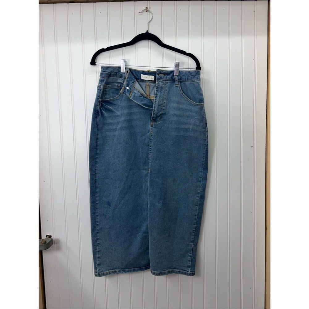 Active USA Women's Midi Length Denim Skirt in Blue with front slit